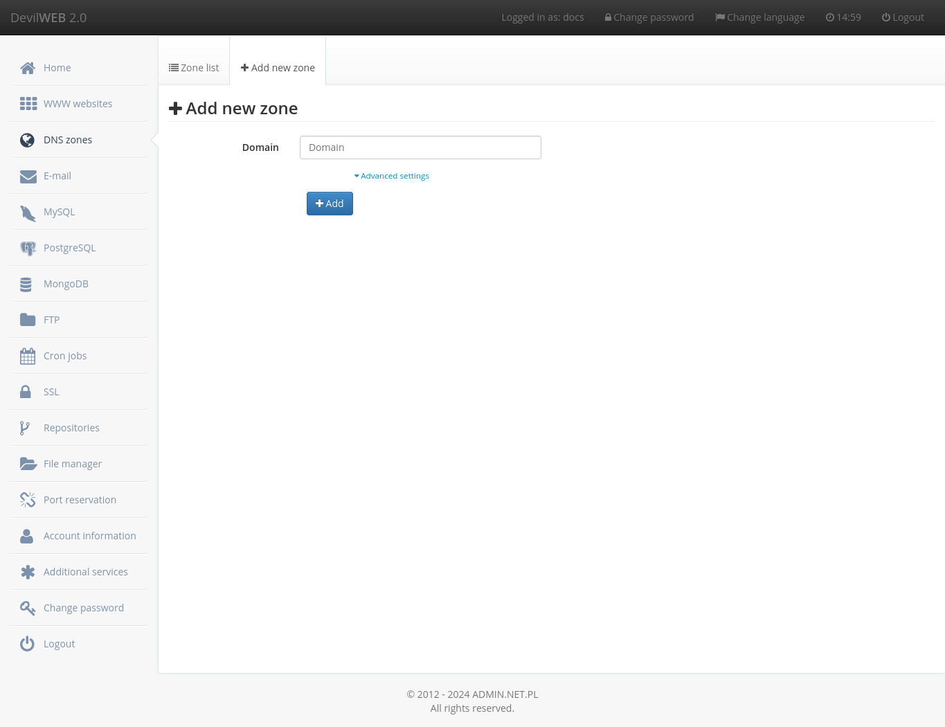 DevilWEB - add DNS zone