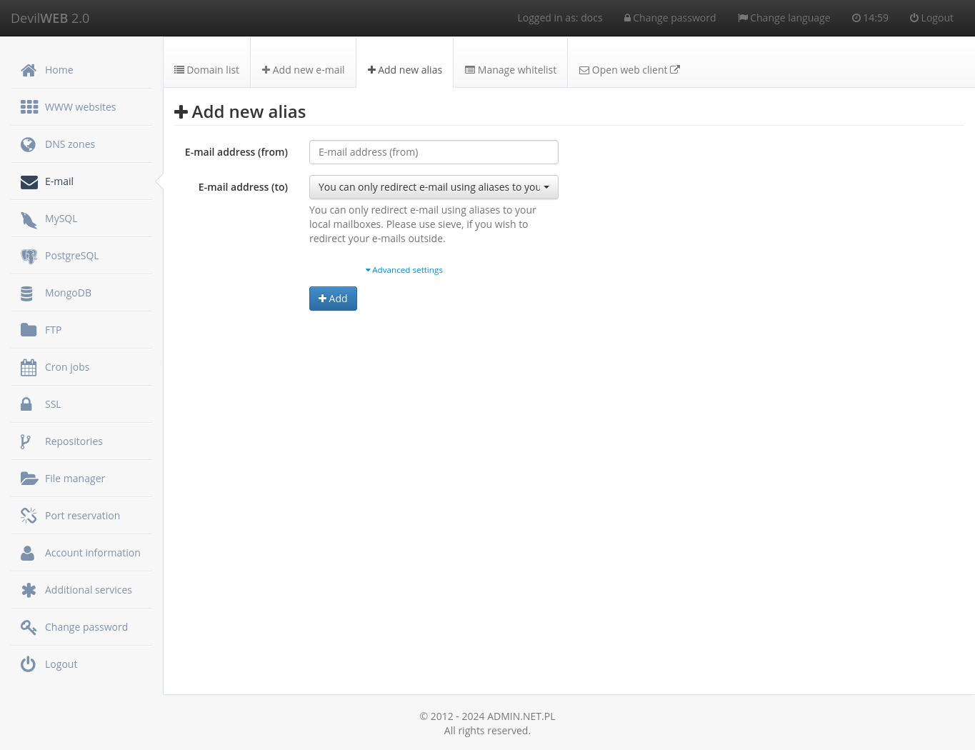 Form for adding email alias