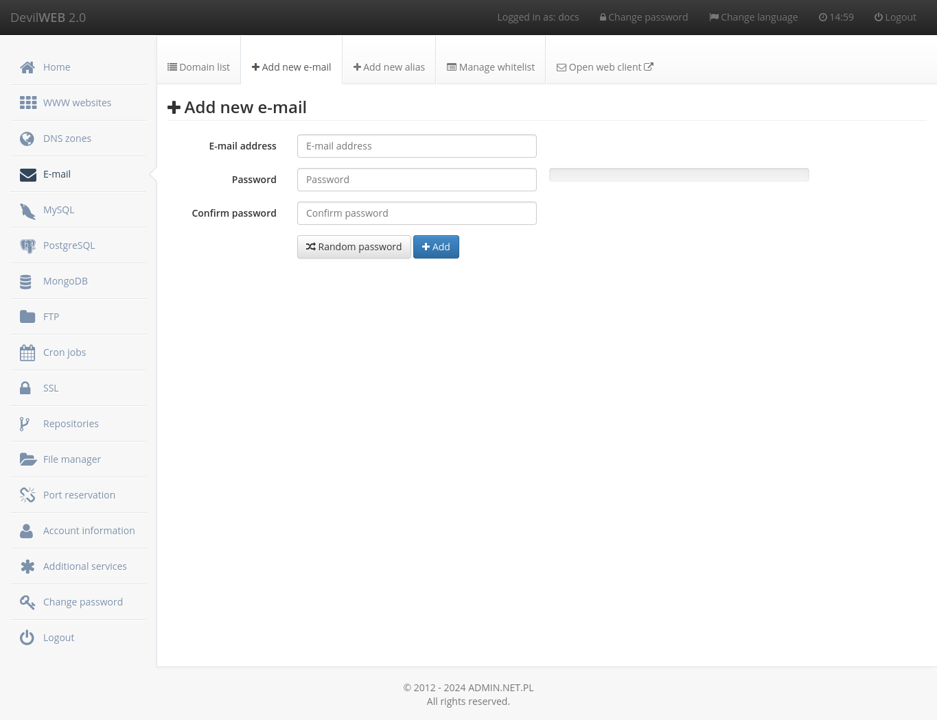Form for adding an e-mail account