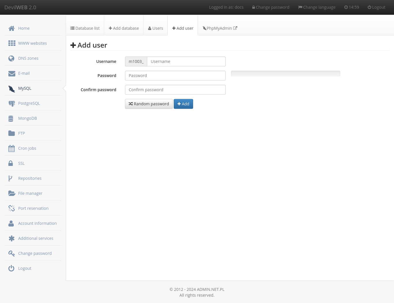 MySQL databases - add user